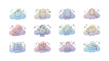 Education Icons Set in Cloud Shapes with Watercolor Effect.