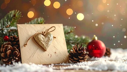 Christmas kraft envelope adorned with golden glitter heart, surrounded by pine cones and snow on a rustic wooden background with festive bokeh lights.