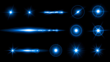 A collection of dazzling blue lens flare and starburst light effects for design elements