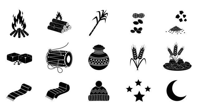 A collection of black and white icons representing the Lohri festival, including bonfire, logs, sugarcane, peanuts, jaggery, dhol, pot, wheat, shawls, and winter cap.