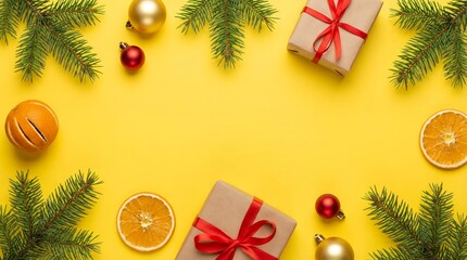 Christmas Flat Lay with Gifts Oranges and Pine Branches on Yellow Background.
