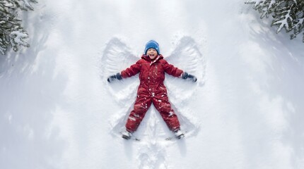Joyful Child Making Snow Angel in Winter Wonderland.