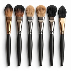Six Makeup Brushes in a Row with Black Handles and Assorted Bristle Colors