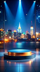 Spotlit Blue and Golden Platform with Cityscape Backdrop at Night