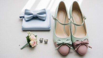 Elegant wedding accessories displayed on a neutral surface with soft lighting