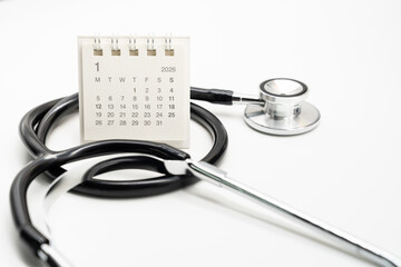 Medical Appointment Concept with 2026 JANUARY Calendar and Stethoscope. symbolizing healthcare appointments, medical checkups, and patient consultation scheduling.