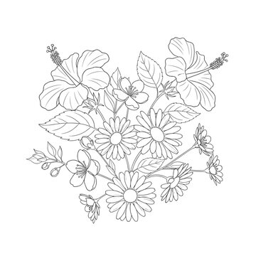 Elegant Line Art Floral Bouquet with Hibiscus Daisies and Small Blossoms