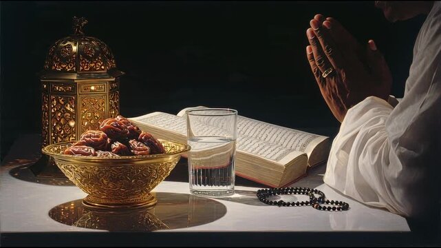Person praying with clasped hands next to dates water book and glowing lantern on a dark table spiritual reflection