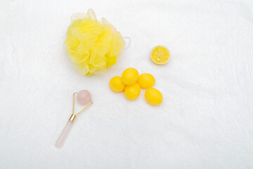 healthy, spa, hygiene,clean background with beauty tools isolated on white fluffy towel, inviting relaxing atmosphere