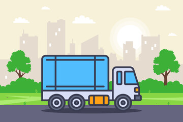 Blue truck on the city background. Flat illustration.