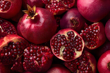 A close-up of a whole and cut pomegranate, ripe and juicy