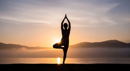 Silhouette of a person practicing yoga with raised arms during sunset