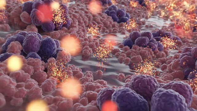 Cytokine release during fever, shown as clusters of shimmering particles moving between cells. As paracetamol becomes active, these cytokine signals slow and dim