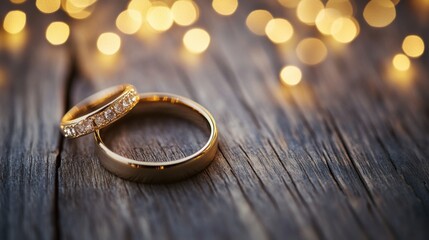 A pair of gold wedding rings placed on a rustic wooden surface on blurred background
