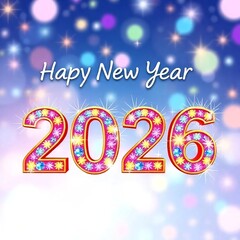 Happy New Year 2026 beautiful sparkling design of numbers on sky  blue background with big snowflakes and shining falling snow. Modern winter , poster or greeting card 
