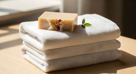 Stacked white towels with soap bar and leaf against wooden surface