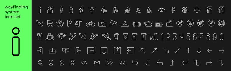 Public spaces wayfinding system linear modern icons. Way finding outline signage. Shopping mall navigation pictograms. Hotel or airport information board symbols. Residential complex direction signs