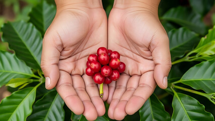 Hands presenting vibrant red coffee cherries, harvested amidst green leaves, embodying the natural cultivation and meticulous initial steps for quality coffee preparation