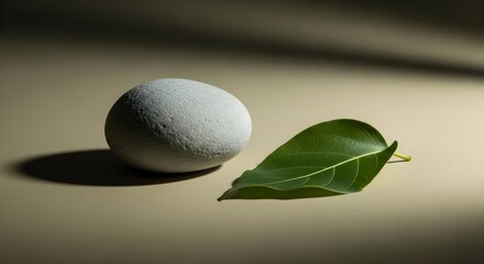 Stone and leaf composition with sunlight and shadows on beige surface