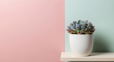 Succulent plant in a white pot against pastel pink and teal background