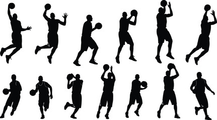 Basketball player silhouette vector, slam dunk, dribble, jump shot, action pose, sports illustration, black figure, dynamic movement, athlete icon © Aroshi Jannat 