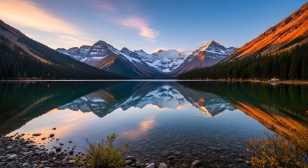 Tranquil mountain lake landscape reflecting snow capped peaks at sunset
