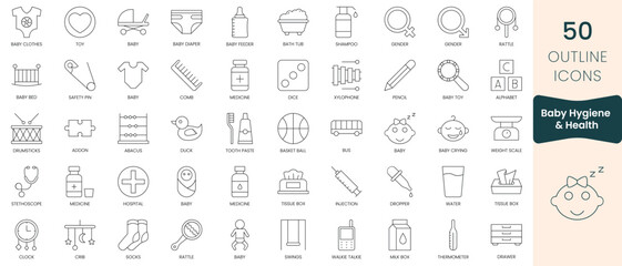 Set of baby hygiene and health  icons. Thin outline icons pack. Vector illustration