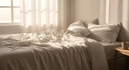 Unmade bed with pillows near window bathed in soft natural light