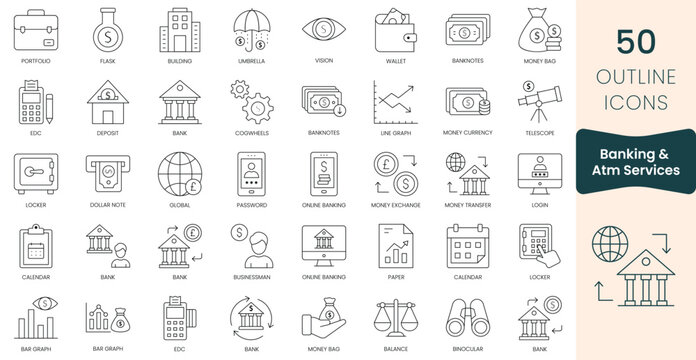 Set of banking and atm services icons. Thin outline icons pack. Vector illustration