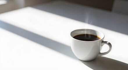 White coffee cup on a bright surface with natural light and copy space