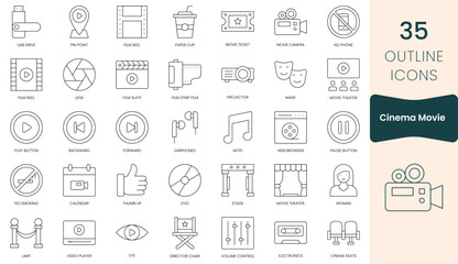 Set of cinema movie  icons. Thin outline icons pack. Vector illustration