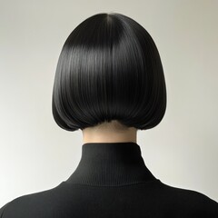 Back view of a person with sleek, dark bobbed hair, black turtleneck