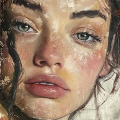 Oil painting of a young woman's emotive, freckled face