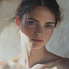 Portrait of a young woman, softly lit, looking at the viewer