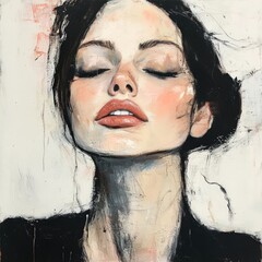 Portrait woman, eyes closed, muted, emotive brushstrokes