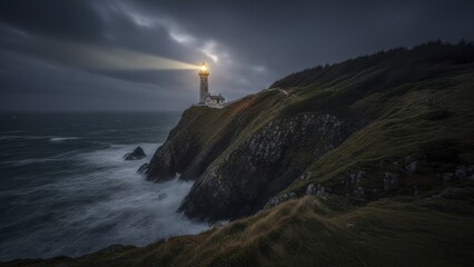 Illuminated tower guides vessels near dramatic seaside cliffs under stormy skies
