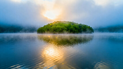 Sunrise over a misty lake with a forested island reflecting in calm water
