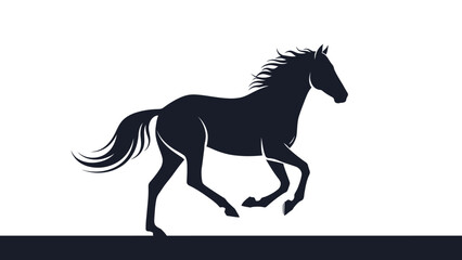 A striking silhouette of a powerful horse galloping with its mane and tail flowing, set against a clean white background.