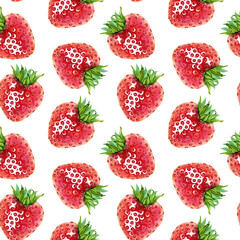 A seamless pattern for fabric or packaging featuring a juicy strawberries. A simple yet elegant endless, delicious fresh red berry with green leaves on top pattern. Hand drawn watercolor illustration