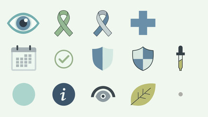 A collection of flat design health and medical icons including eyes, ribbons, cross, calendar, shields, and information symbols.