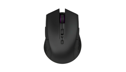 Overhead view of a black ergonomic computer mouse with subtle colored accents on a dark background