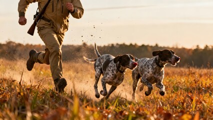 Dynamic Scene of Professional Hunting Dogs in Full Gallop Across a Sun-Drenched Rural Landscape
