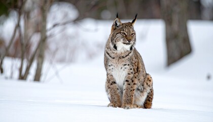 Obraz premium A majestic lynx sits calmly in a pristine snowy forest, showcasing its spotted fur and alert gaze