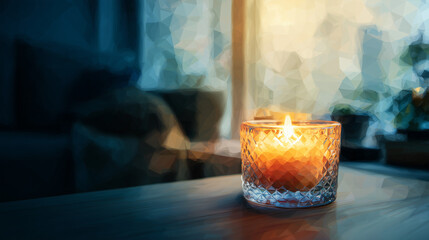 ダイニングの棚の上で、キャンドルホルダーが灯りを受け止め静かに輝く夜の室内風景の水彩ポリゴン