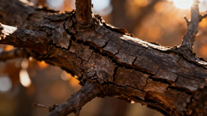 Close-up of a weathered tree branch with textured bark in autumn light