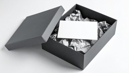 Elegant open gift box revealing a pristine blank card, perfect for personalized messages or product promotion on a clean white background