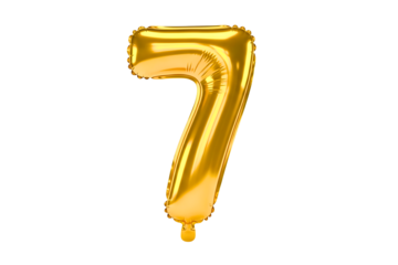 Shiny gold foil balloon shaped like the number seven isolated isolated on transparent background