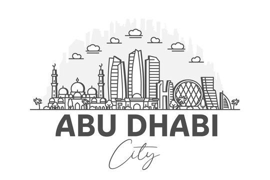 Abu Dhabi, United Arab Emirates architecture line skyline illustration with shadows. Linear vector cityscape with famous landmarks, city sights, design icons.