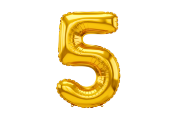 Shiny gold foil balloon shaped like the number five isolated on transparent background
