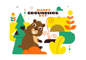 Happy Groundhog Day Vector Illustration on February 2 Featuring a Groundhog Emerging from a Hole with Land and Garden Cartoon Background